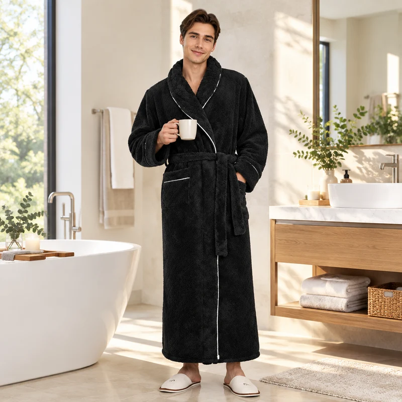 Men's Oversized Fleece Bathrobe - Coral Flannel Kimono Robe for Couples