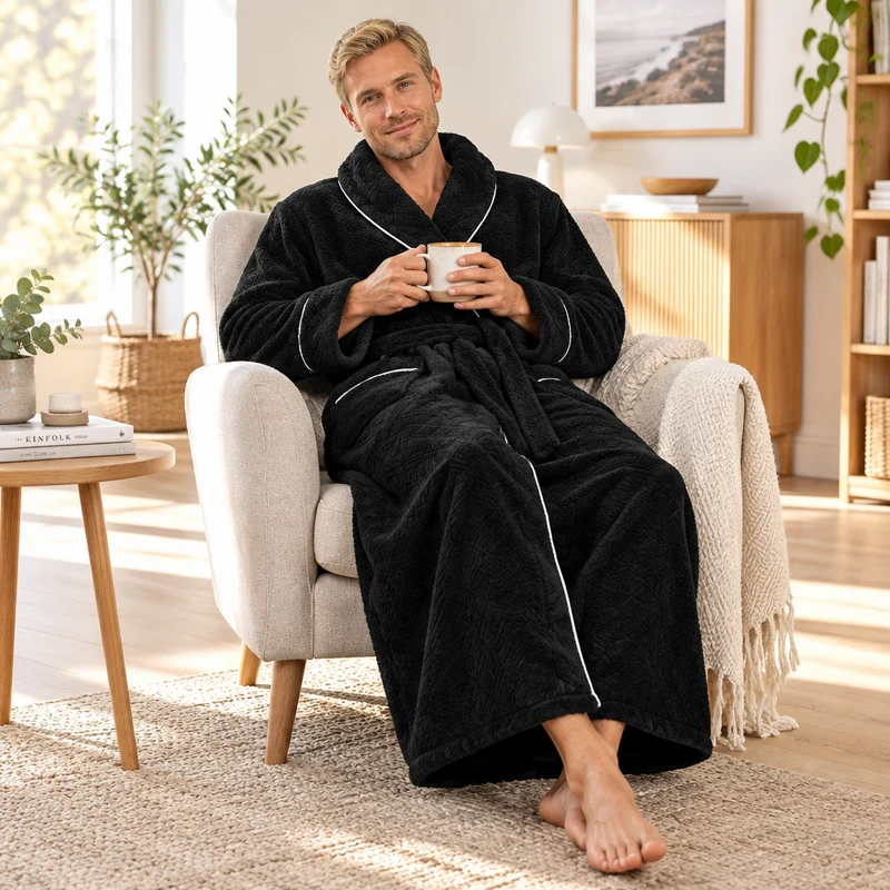 Men's Oversized Fleece Bathrobe - Coral Flannel Kimono Robe for Couples