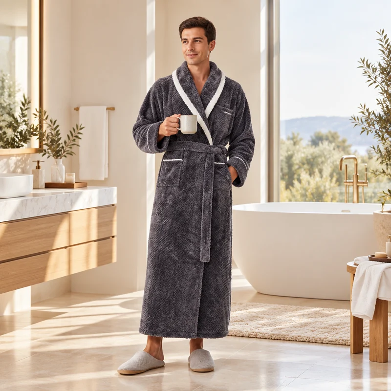 Men's Oversized Fleece Bathrobe - Coral Flannel Kimono Robe for Couples