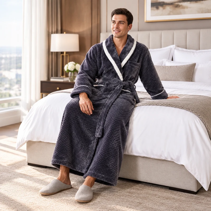 Men's Oversized Fleece Bathrobe - Coral Flannel Kimono Robe for Couples