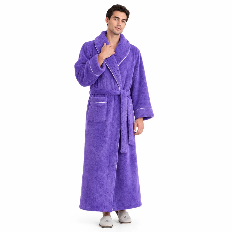 Men's Oversized Fleece Bathrobe - Coral Flannel Kimono Robe for Couples