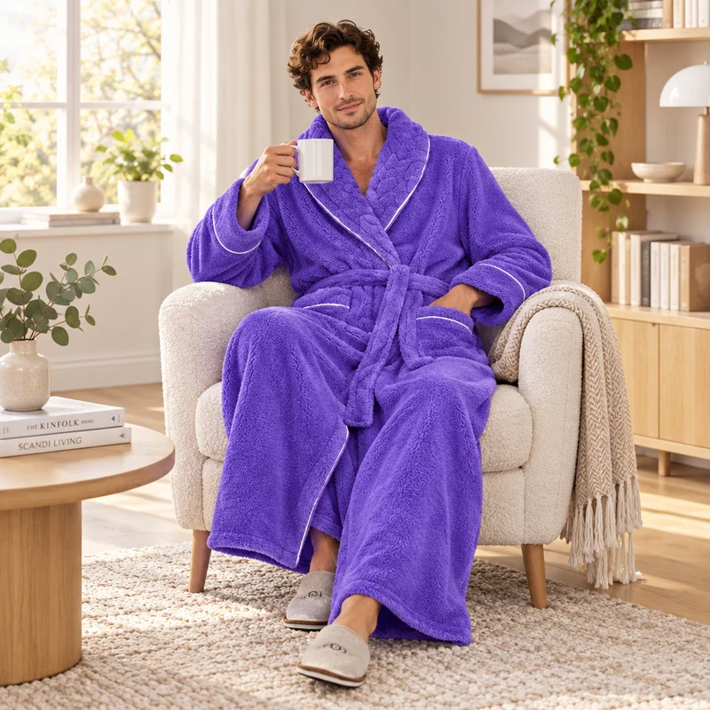 Men's Oversized Fleece Bathrobe - Coral Flannel Kimono Robe for Couples