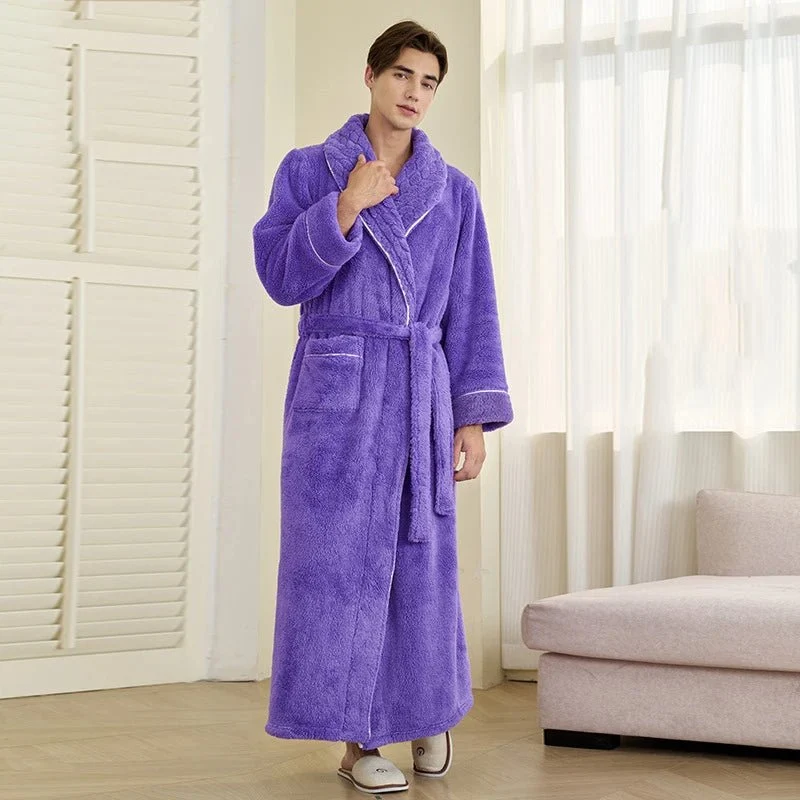 Men's Oversized Fleece Bathrobe - Coral Flannel Kimono Robe for Couples