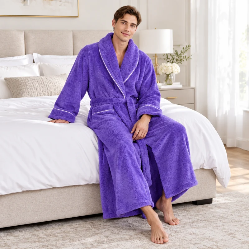 Men's Oversized Fleece Bathrobe - Coral Flannel Kimono Robe for Couples