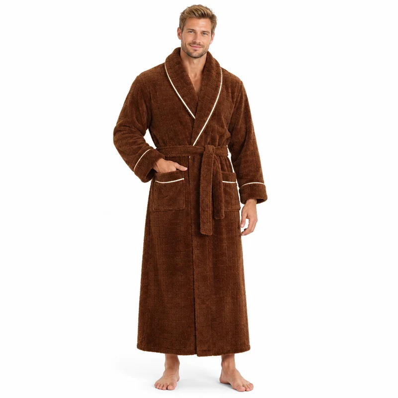 Men's Oversized Fleece Bathrobe - Coral Flannel Kimono Robe for Couples