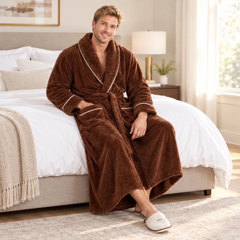 Men's Oversized Fleece Bathrobe - Coral Flannel Kimono Robe for Couples