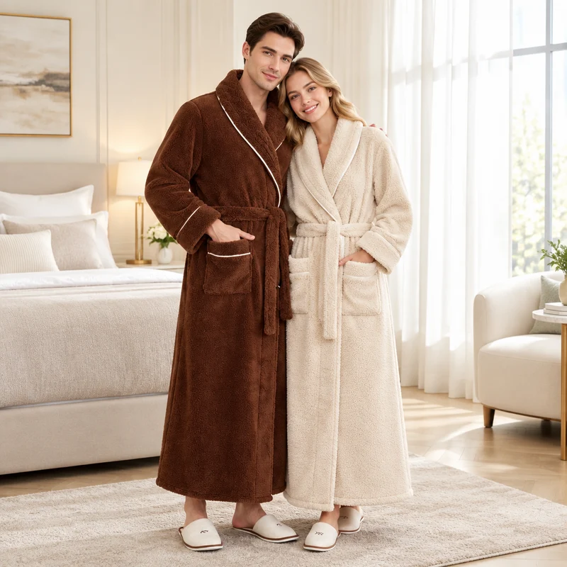 Men's Oversized Fleece Bathrobe - Coral Flannel Kimono Robe for Couples