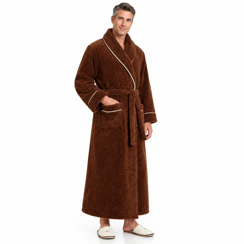 Men's Oversized Fleece Bathrobe - Coral Flannel Kimono Robe for Couples