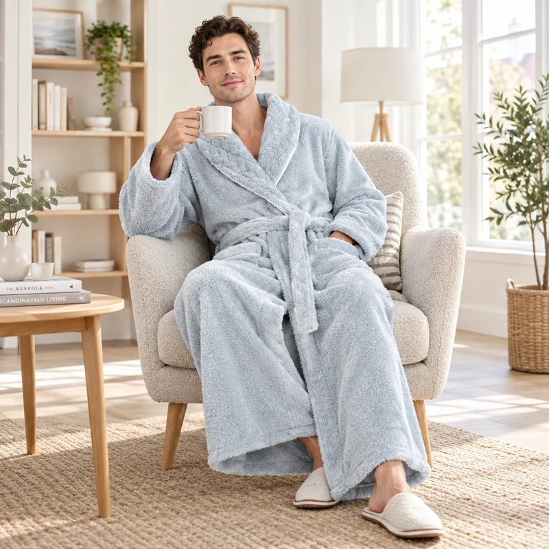 Men's Oversized Fleece Bathrobe - Coral Flannel Kimono Robe for Couples
