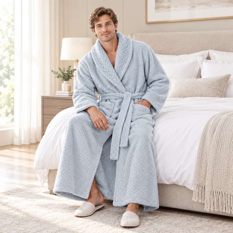 Men's Oversized Fleece Bathrobe - Coral Flannel Kimono Robe for Couples