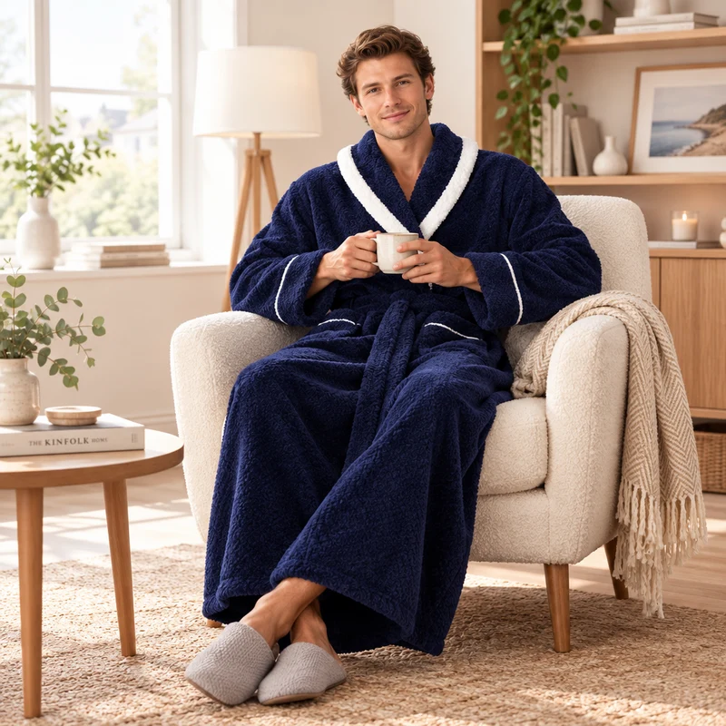 Men's Oversized Fleece Bathrobe - Coral Flannel Kimono Robe for Couples