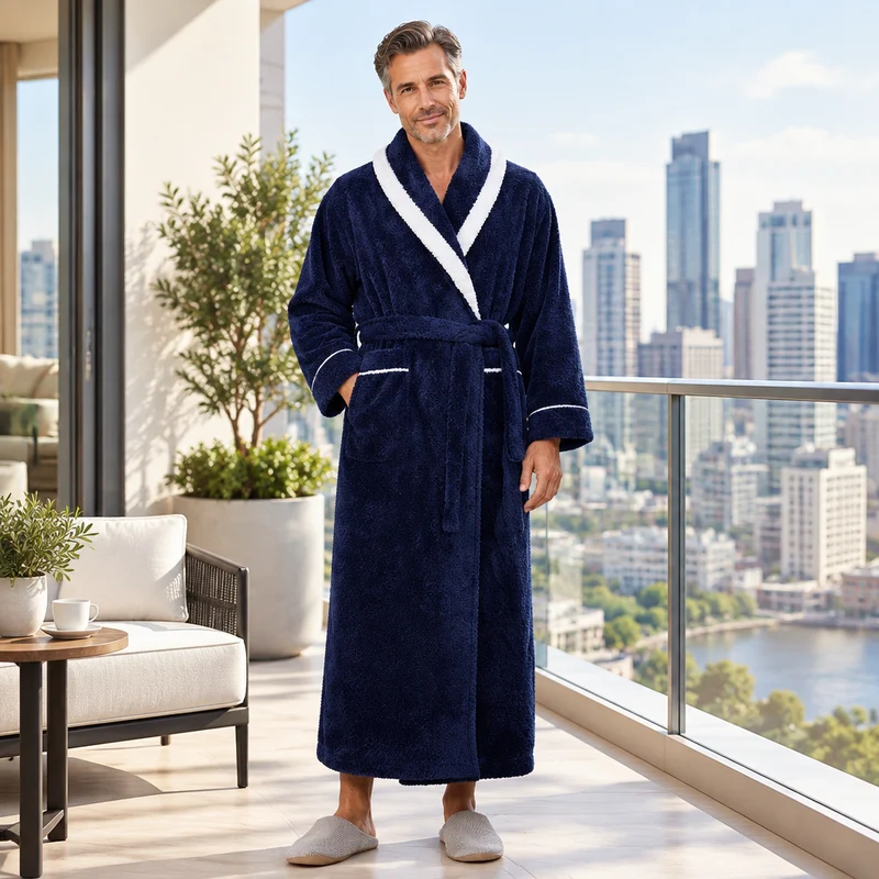 Men's Oversized Fleece Bathrobe - Coral Flannel Kimono Robe for Couples