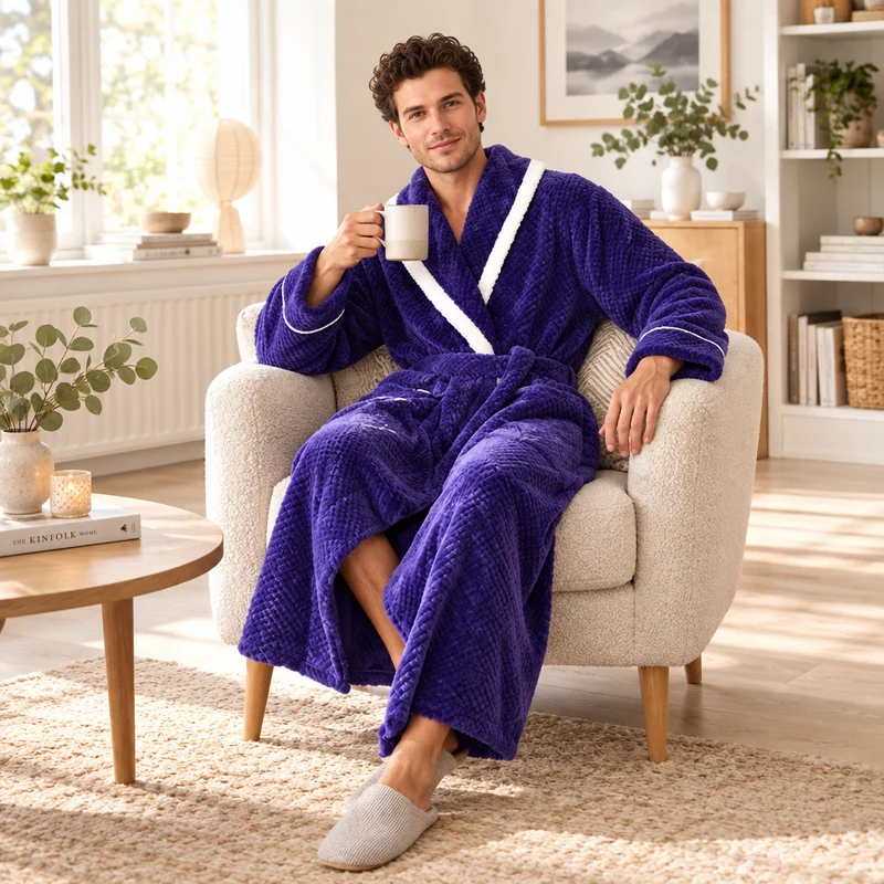 Men's Oversized Fleece Bathrobe - Coral Flannel Kimono Robe for Couples