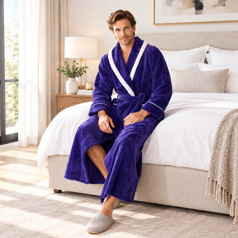 Men's Oversized Fleece Bathrobe - Coral Flannel Kimono Robe for Couples