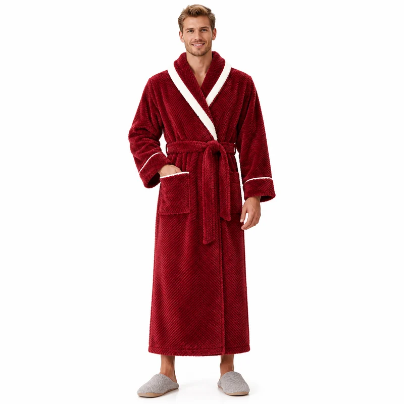 Men's Oversized Fleece Bathrobe - Coral Flannel Kimono Robe for Couples