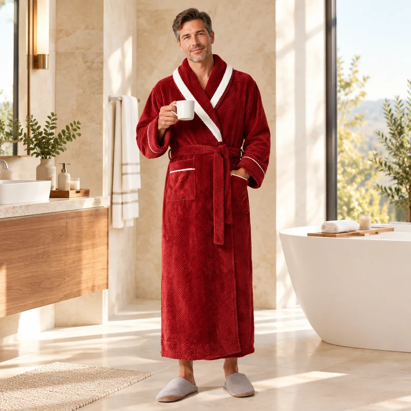 Men's Oversized Fleece Bathrobe - Coral Flannel Kimono Robe for Couples