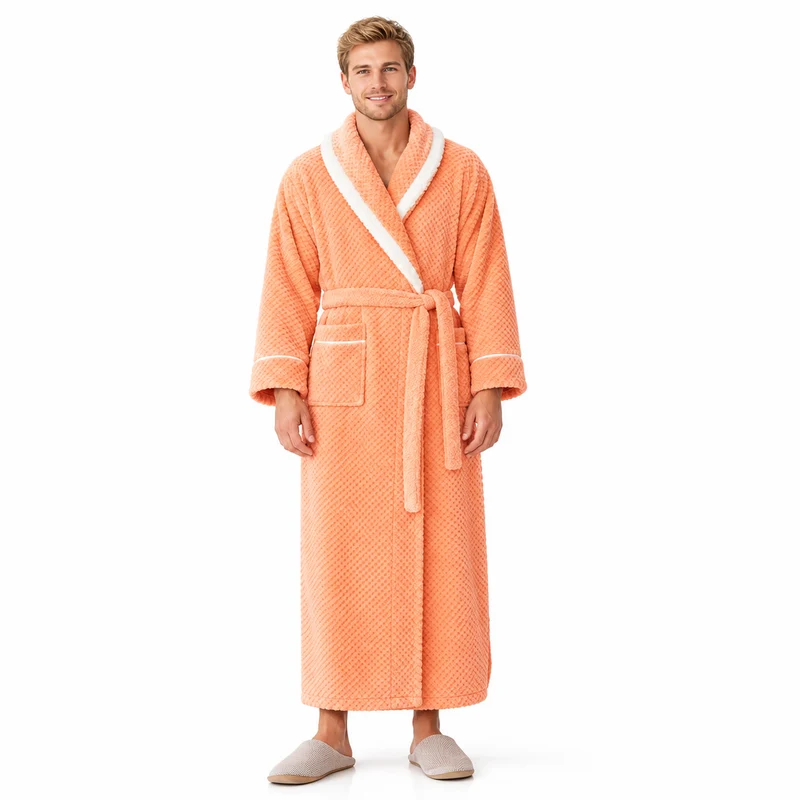 Men's Oversized Fleece Bathrobe - Coral Flannel Kimono Robe for Couples