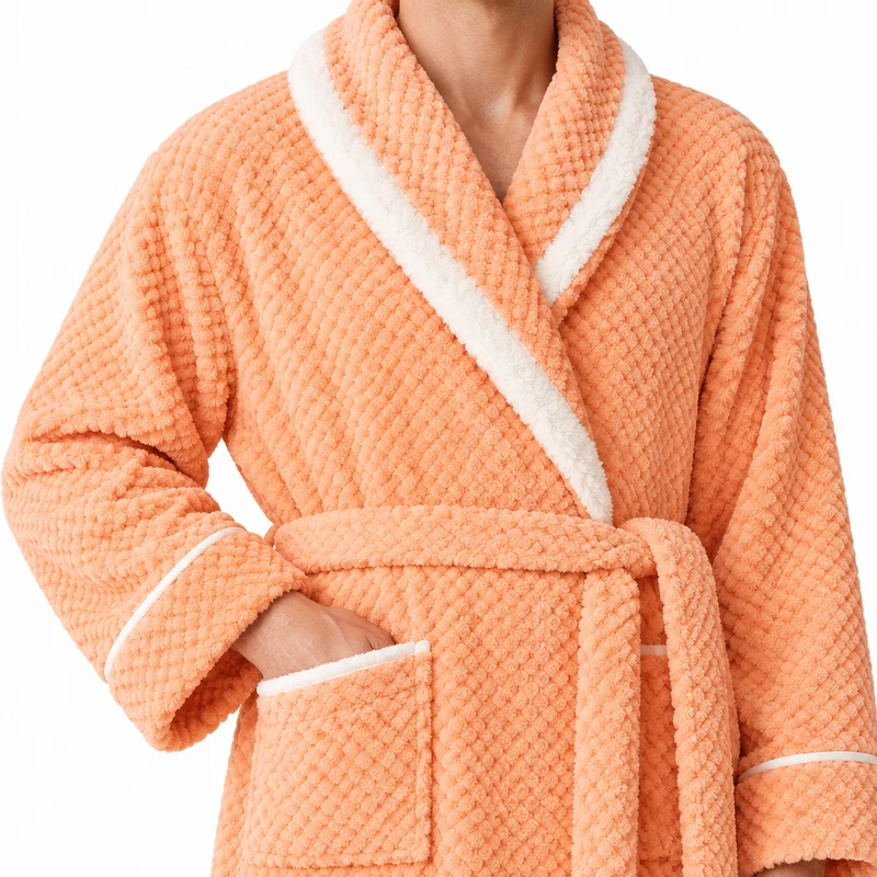 Men's Oversized Fleece Bathrobe - Coral Flannel Kimono Robe for Couples