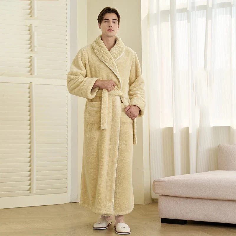 Men's Oversized Fleece Bathrobe - Coral Flannel Kimono Robe for Couples