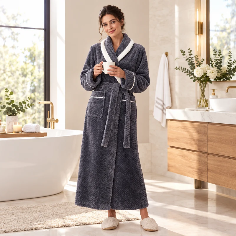 Men's Oversized Fleece Bathrobe - Coral Flannel Kimono Robe for Couples