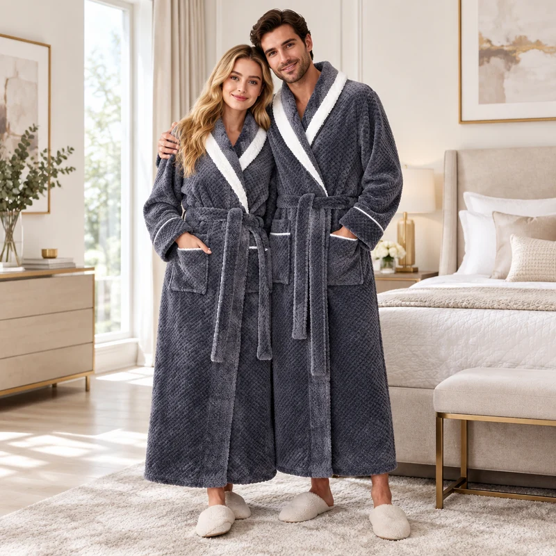 Men's Oversized Fleece Bathrobe - Coral Flannel Kimono Robe for Couples