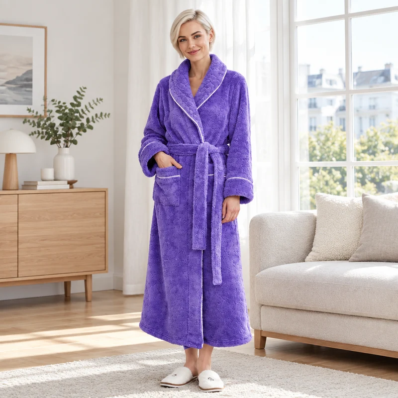 Men's Oversized Fleece Bathrobe - Coral Flannel Kimono Robe for Couples