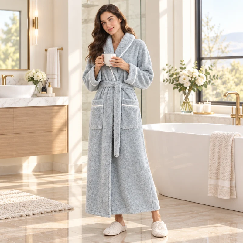 Men's Oversized Fleece Bathrobe - Coral Flannel Kimono Robe for Couples