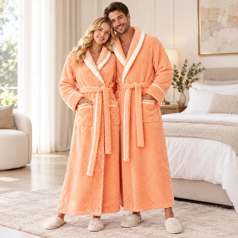 Men's Oversized Fleece Bathrobe - Coral Flannel Kimono Robe for Couples
