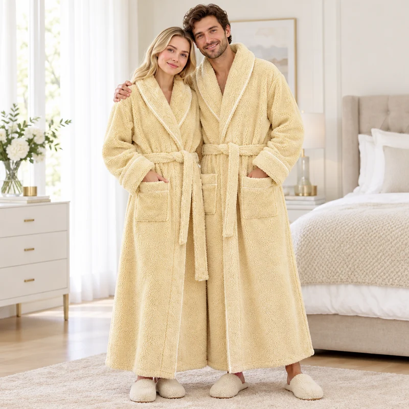 Men's Oversized Fleece Bathrobe - Coral Flannel Kimono Robe for Couples