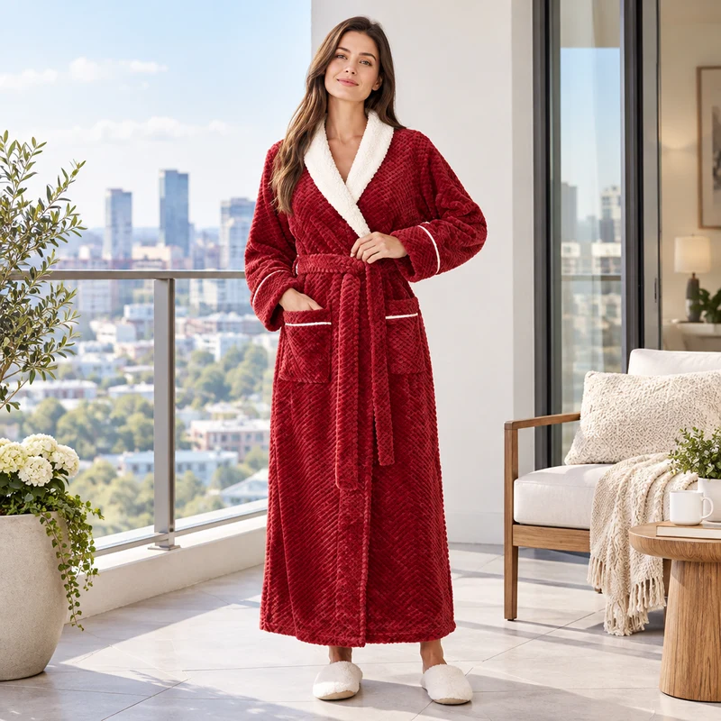 Men's Oversized Fleece Bathrobe - Coral Flannel Kimono Robe for Couples