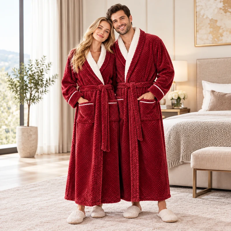 Men's Oversized Fleece Bathrobe - Coral Flannel Kimono Robe for Couples