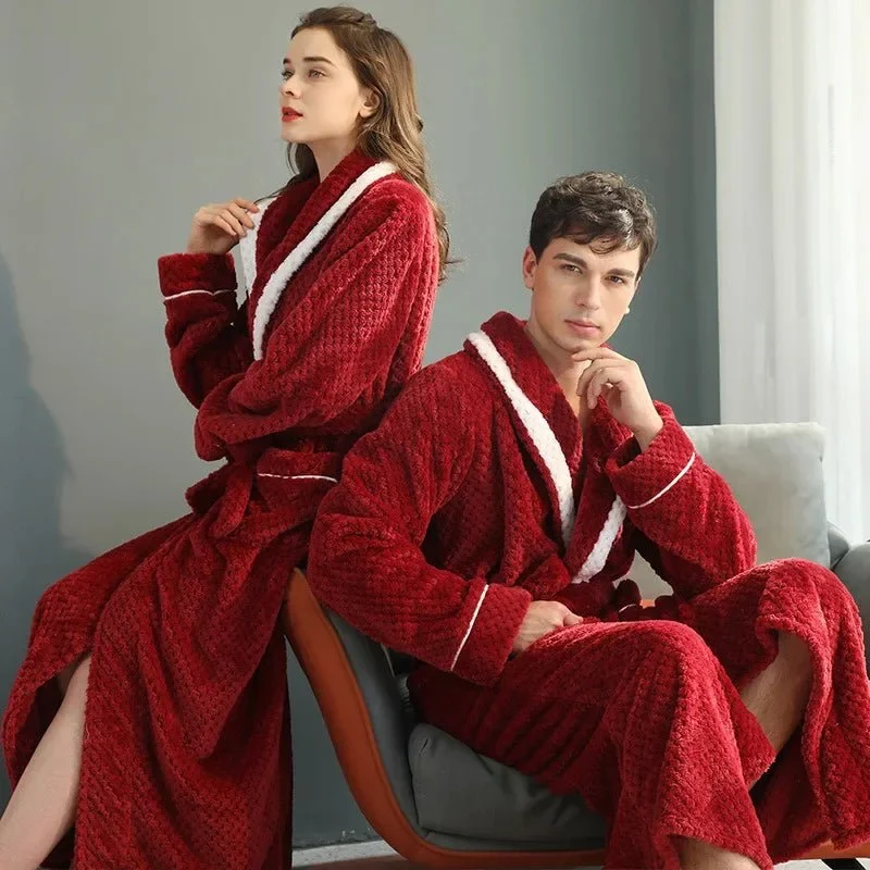 Couples Coral Velvet Bathrobes for Adults - Cozy Autumn/Winter Comfort