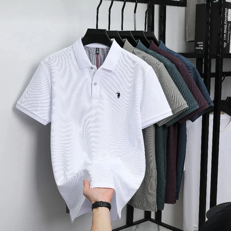 Men's Cotton Striped Polo Shirt - Paul Pony Embroidered 100% Cotton Summer Top