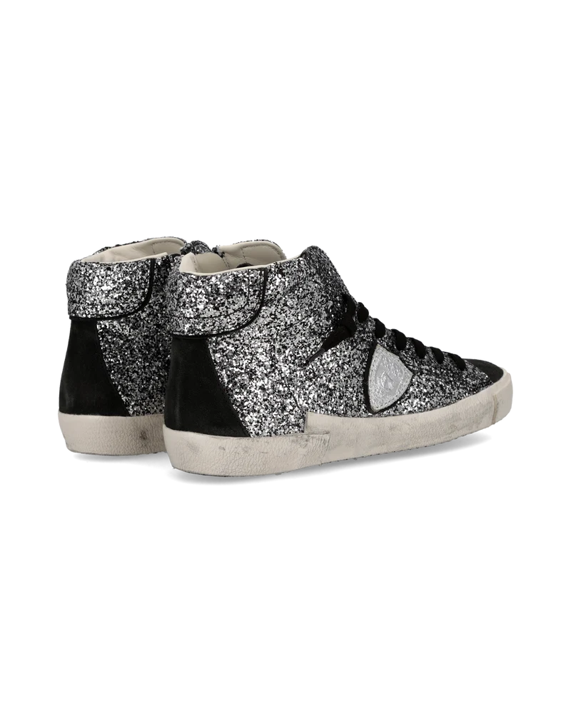 Sneakers Prsx High Women with Glitter Upper, Black Silver