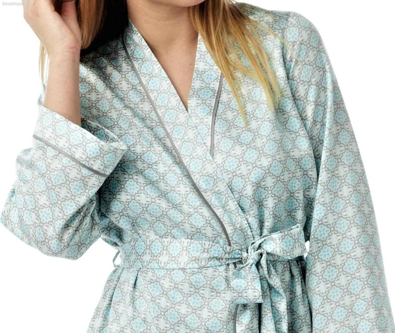 Damen-Morgenmantel, Satin-Kimono-Bademantel, Nachtwäsche, Aqua und Koralle