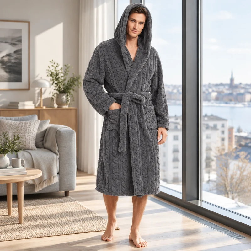 Jacquard-Flanell-Bademantel mit Kapuze für Herren - Plüschiger Korallenfleece-Bademantel