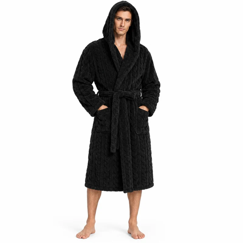 Jacquard-Flanell-Bademantel mit Kapuze für Herren - Plüschiger Korallenfleece-Bademantel