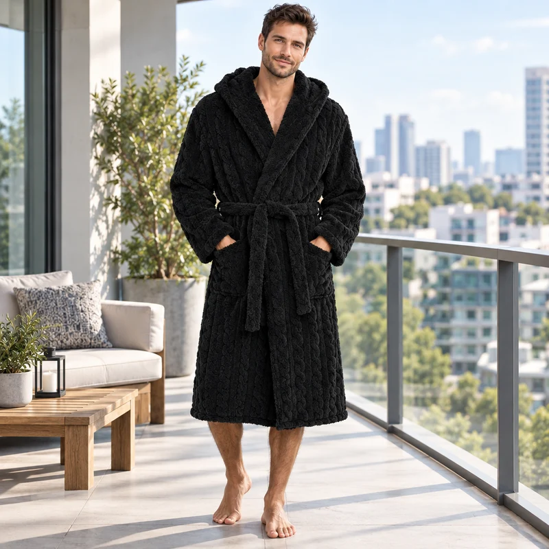 Jacquard-Flanell-Bademantel mit Kapuze für Herren - Plüschiger Korallenfleece-Bademantel