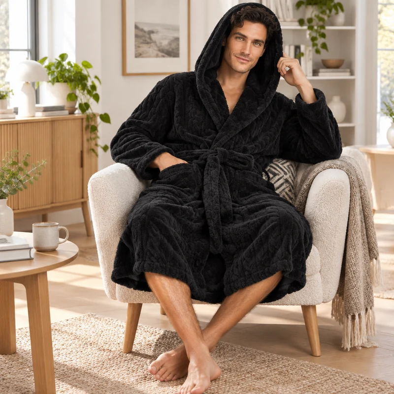 Jacquard-Flanell-Bademantel mit Kapuze für Herren - Plüschiger Korallenfleece-Bademantel