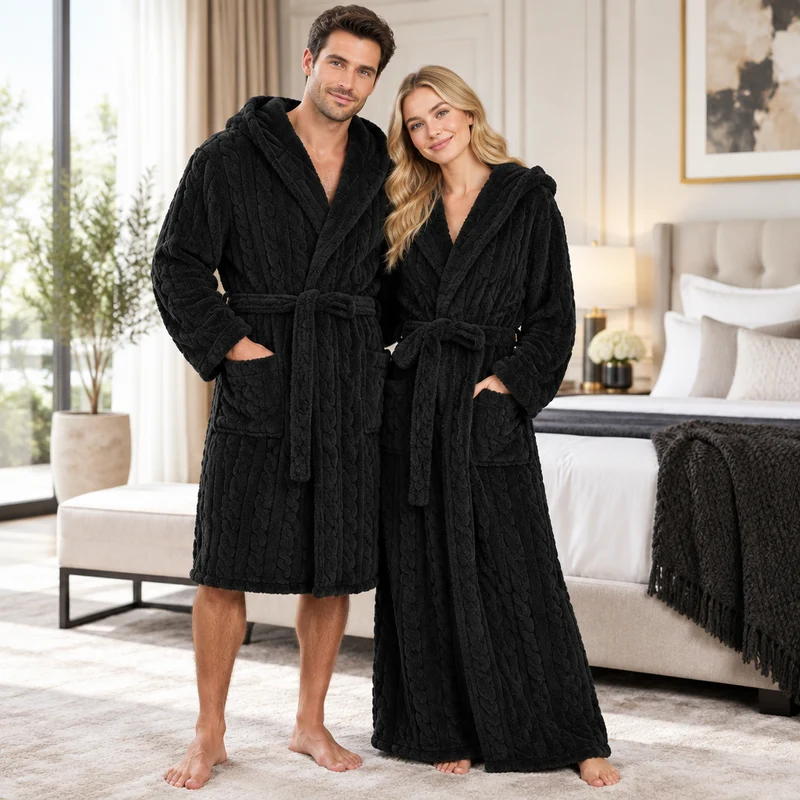 Jacquard-Flanell-Bademantel mit Kapuze für Herren - Plüschiger Korallenfleece-Bademantel