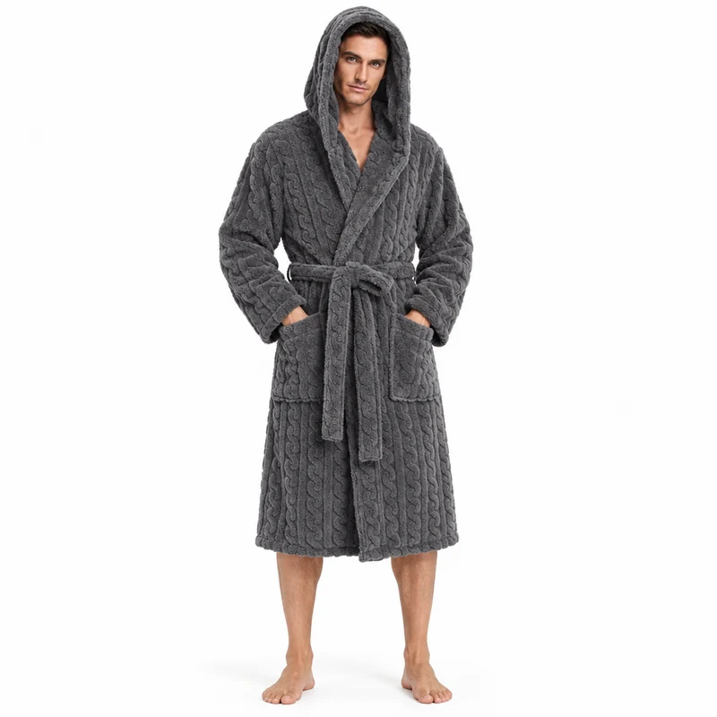 Jacquard-Flanell-Bademantel mit Kapuze für Herren - Plüschiger Korallenfleece-Bademantel