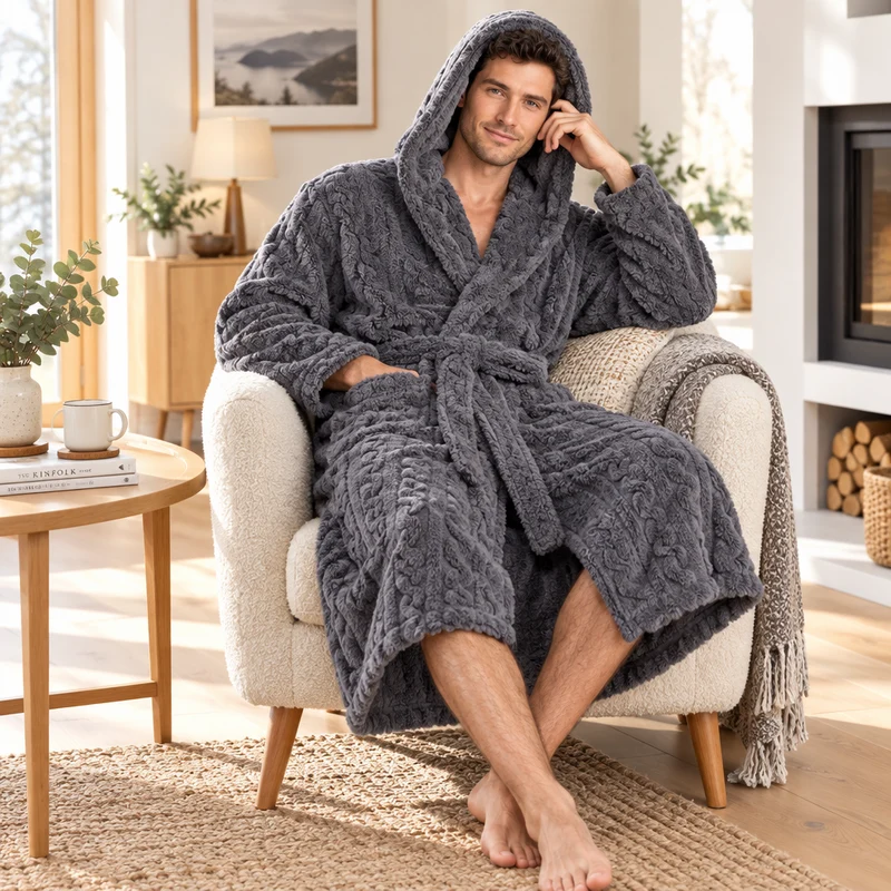 Jacquard-Flanell-Bademantel mit Kapuze für Herren - Plüschiger Korallenfleece-Bademantel