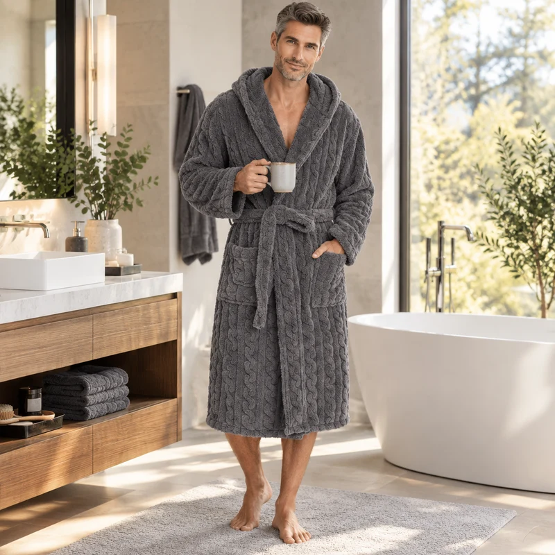 Jacquard-Flanell-Bademantel mit Kapuze für Herren - Plüschiger Korallenfleece-Bademantel