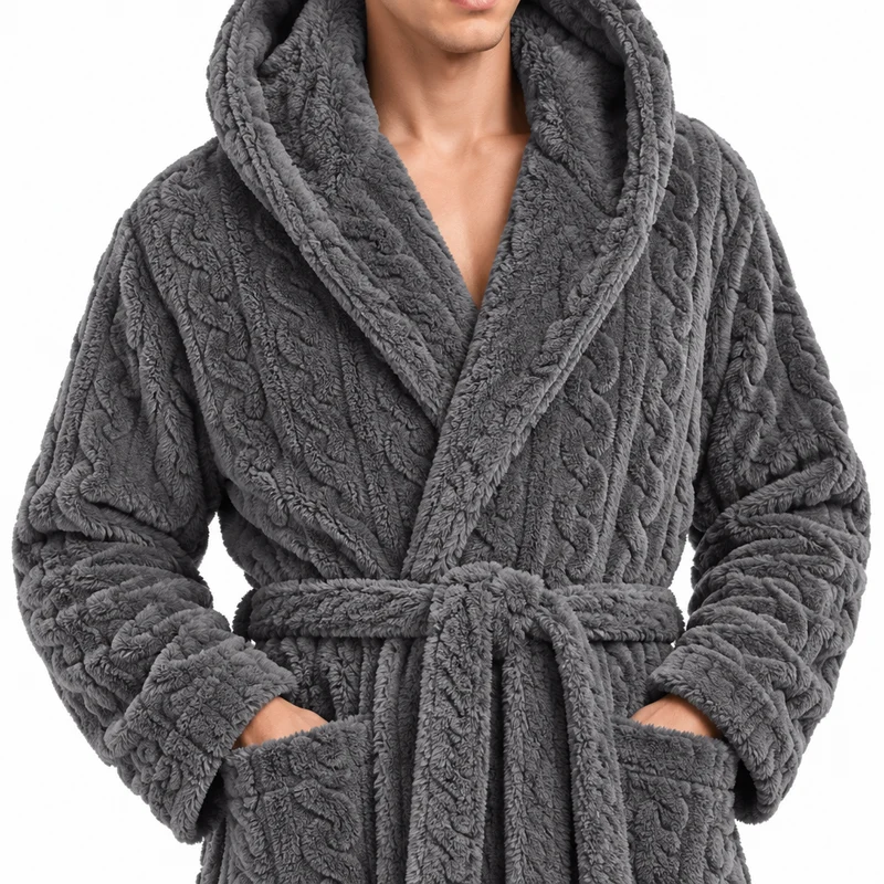Jacquard-Flanell-Bademantel mit Kapuze für Herren - Plüschiger Korallenfleece-Bademantel