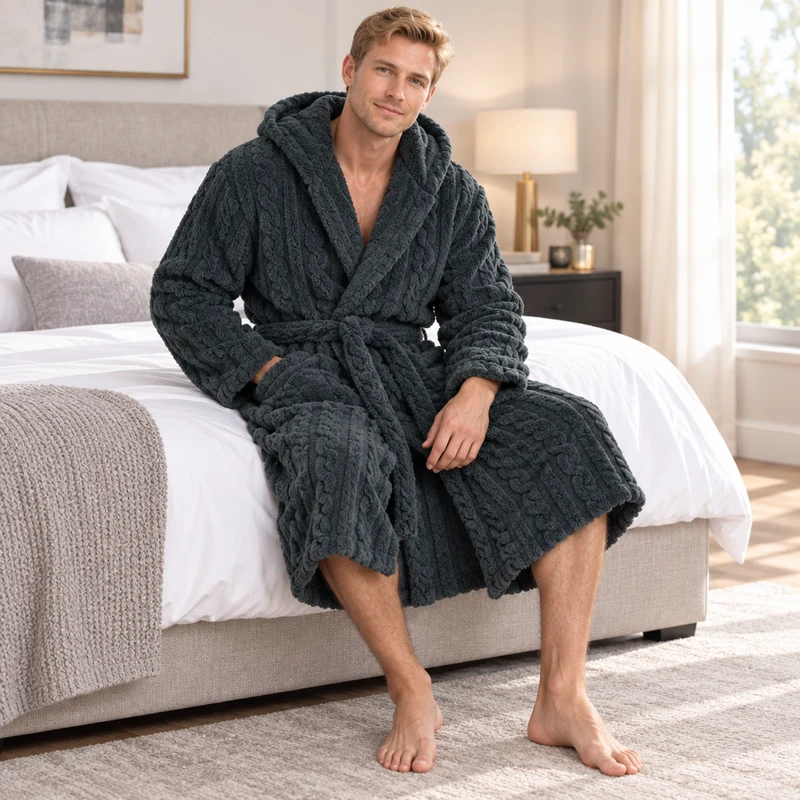 Jacquard-Flanell-Bademantel mit Kapuze für Herren - Plüschiger Korallenfleece-Bademantel