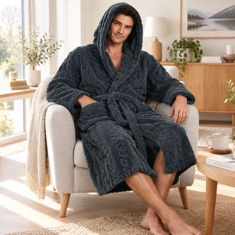 Jacquard-Flanell-Bademantel mit Kapuze für Herren - Plüschiger Korallenfleece-Bademantel