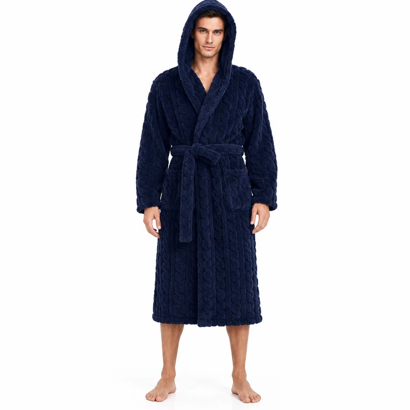 Jacquard-Flanell-Bademantel mit Kapuze für Herren - Plüschiger Korallenfleece-Bademantel