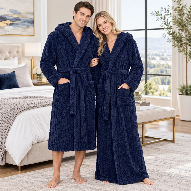 Jacquard-Flanell-Bademantel mit Kapuze für Herren - Plüschiger Korallenfleece-Bademantel