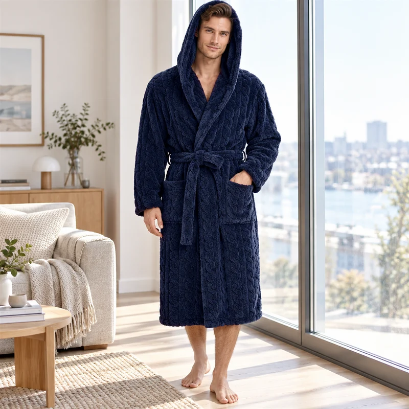 Jacquard-Flanell-Bademantel mit Kapuze für Herren - Plüschiger Korallenfleece-Bademantel