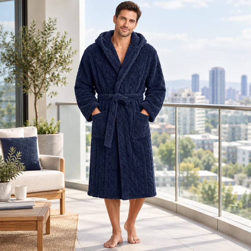 Jacquard-Flanell-Bademantel mit Kapuze für Herren - Plüschiger Korallenfleece-Bademantel